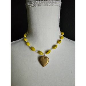 Upcycled Vintage Glass Bead Necklace with Barrel Clasp, Puffy Heart Locket